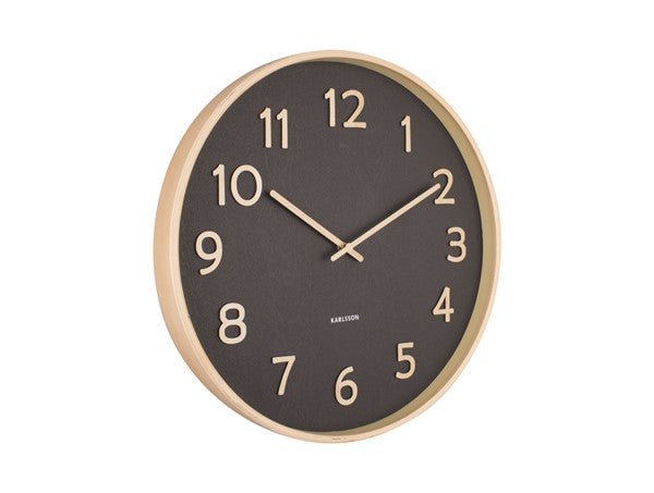 Karlsson Pure Wall Clock with moss green face and basswood frame, front view on white