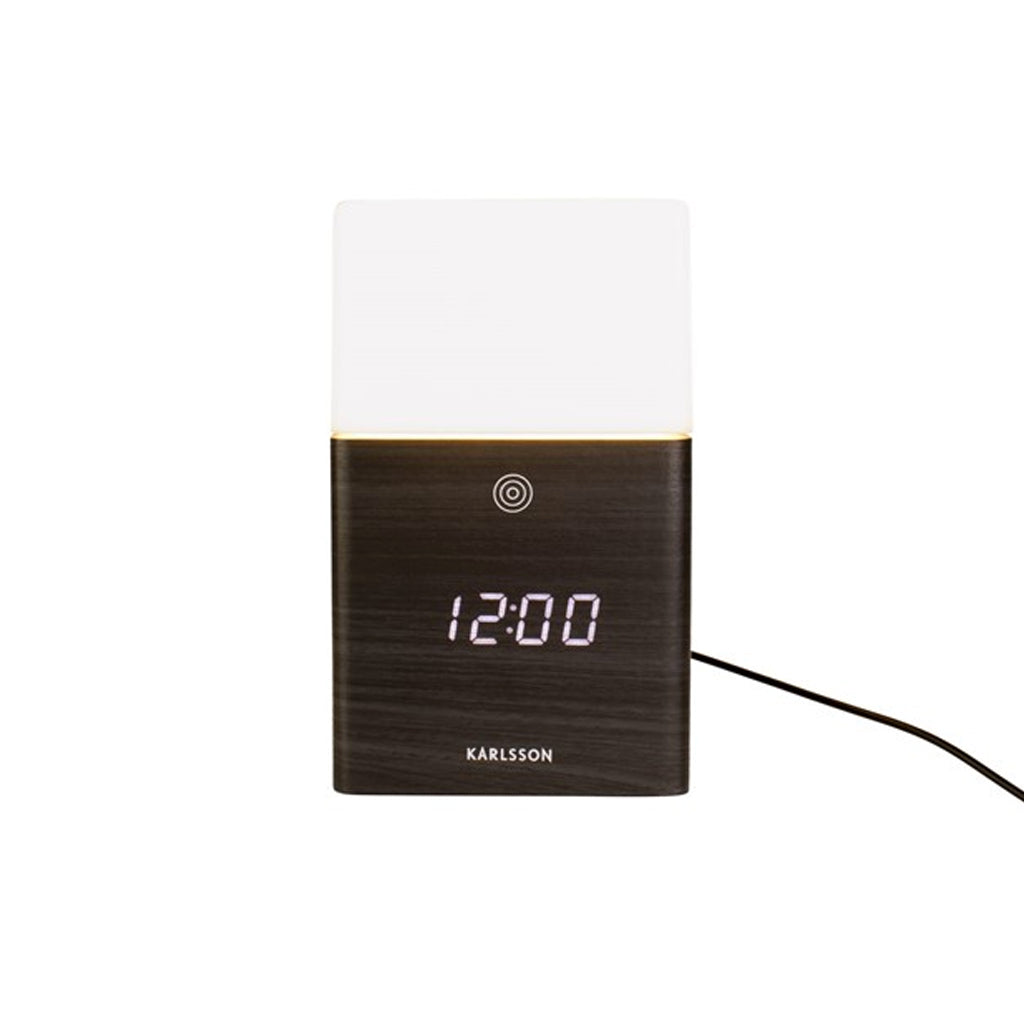 Karlsson Frost Light Alarm Clock in wood, close detail of the LED display