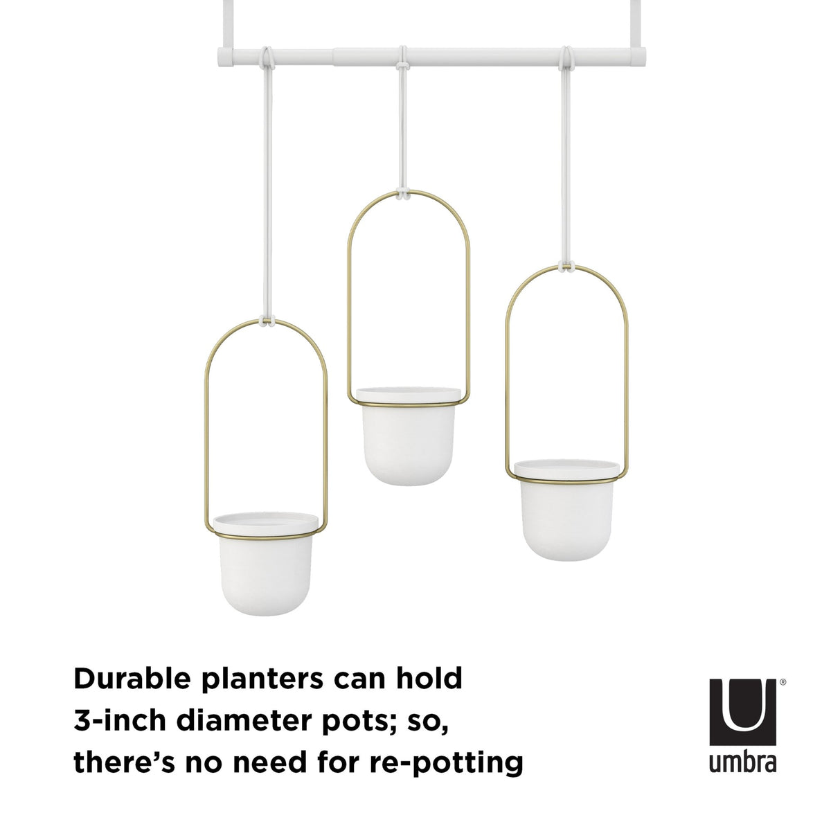 Umbra Triflora hanging planters in white and brass, sized for 3 inch pots