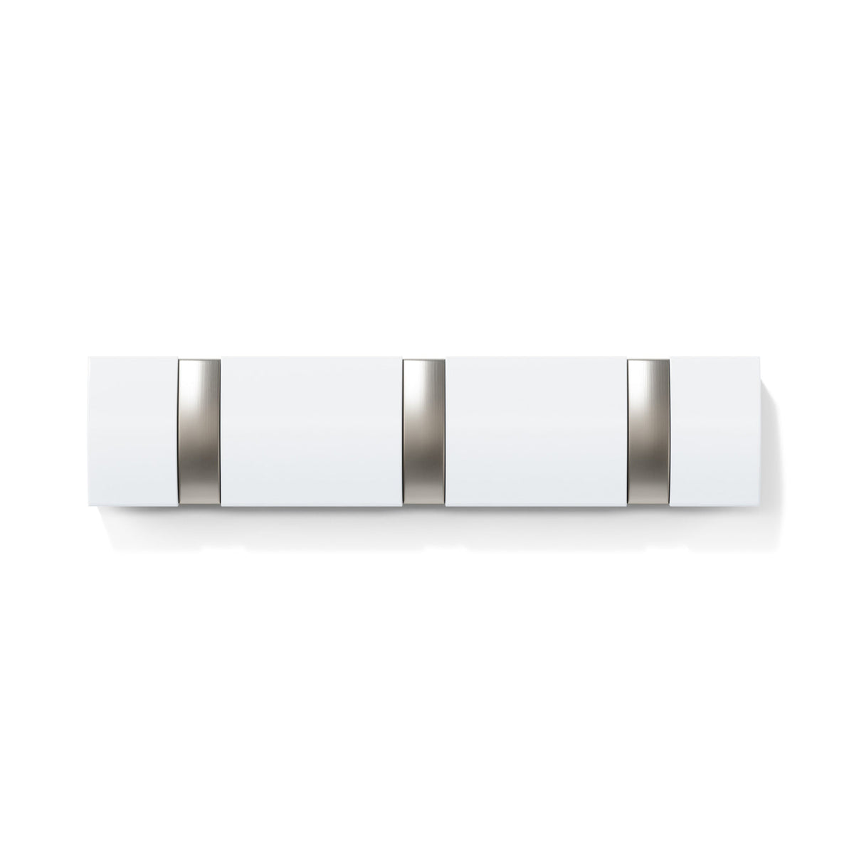 An Umbra Flip 3 Hook White wall mounted coat rack featuring retractable hooks.