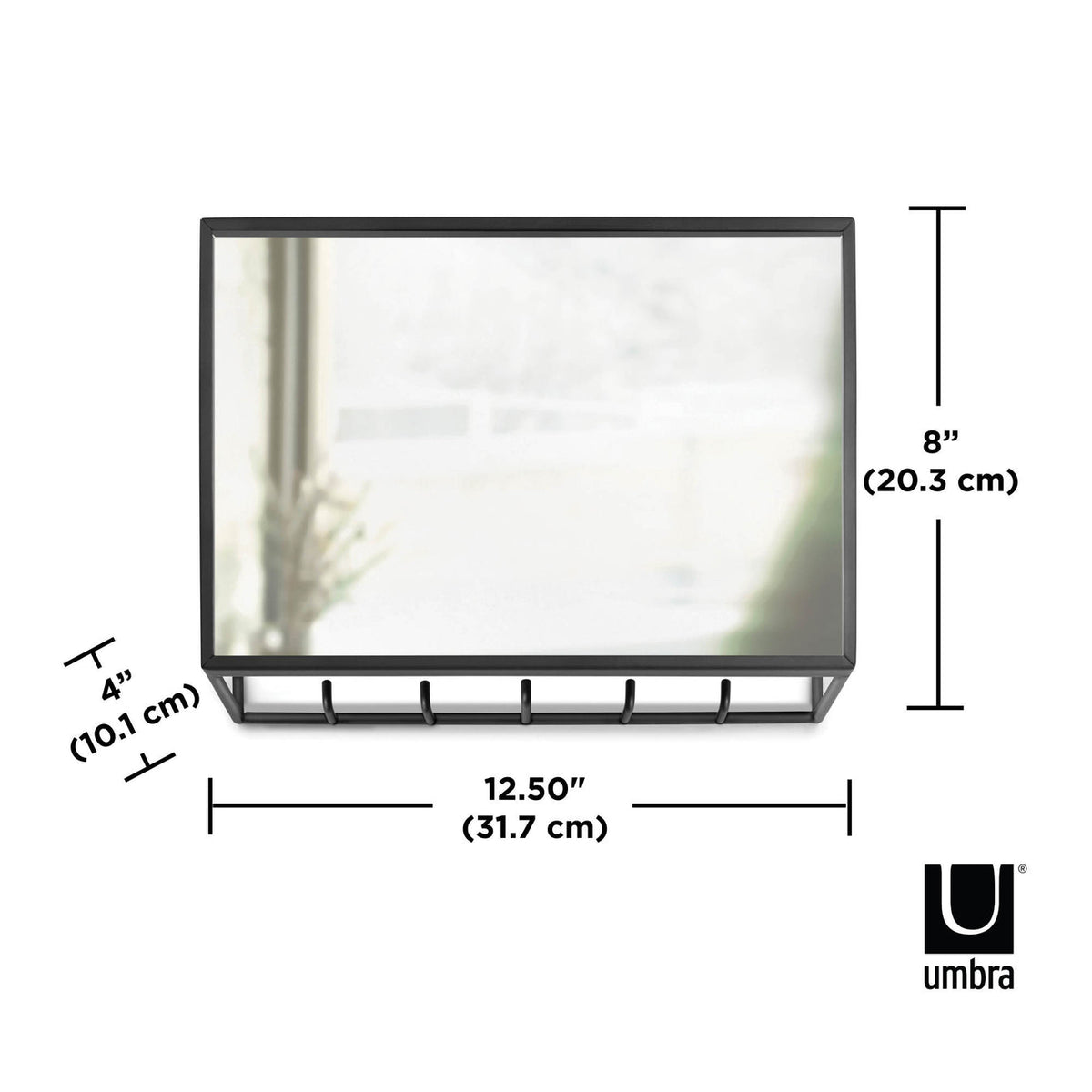Umbra Cubiko mirror and organiser dimension diagram, 31.7cm wide by 20.3cm high