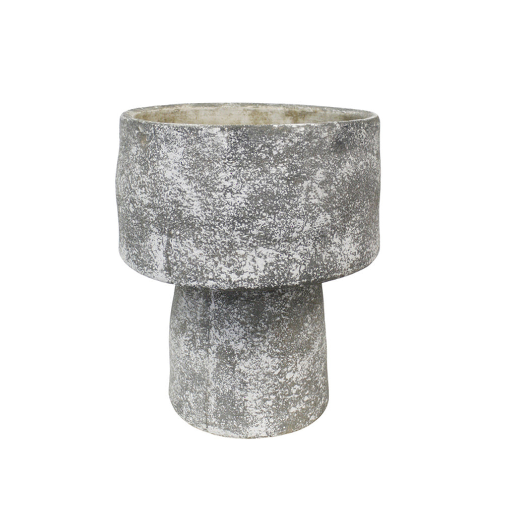 Grey wash cement mushroom planter with a wide bowl on a short stem, on a white background