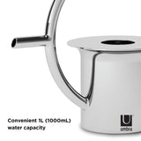 The Umbra range features the Quench Watering Can - Stainless Steel with a 360-degree handle, perfect for easy pouring and carrying.