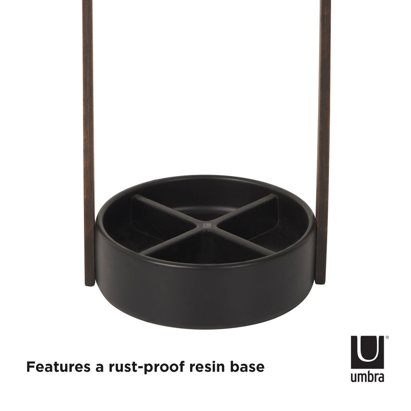 A HUB UMBRELLA STAND WALNUT by Umbra, with a rust-proof and water-resistant base made of durable materials. Easy to assemble with included hardware.