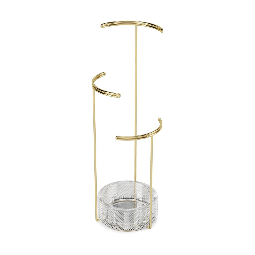 Tesora jewellery stand side view showing the curved brass wire tops