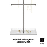An Umbra TRIGEM JEWELRY STAND NICKEL for necklace and earrings storage.