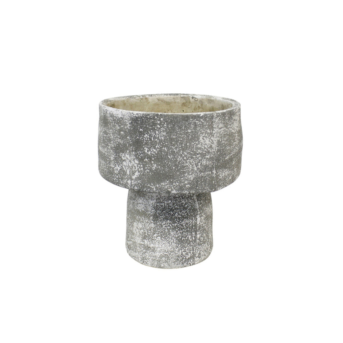 Grey wash cement mushroom planter seen straight on, showing the mottled lime washed finish