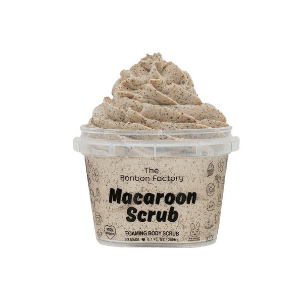 A container of COFFEE | MACAROON SCRUB by The Bonbon Factory for skin exfoliation on a white background.