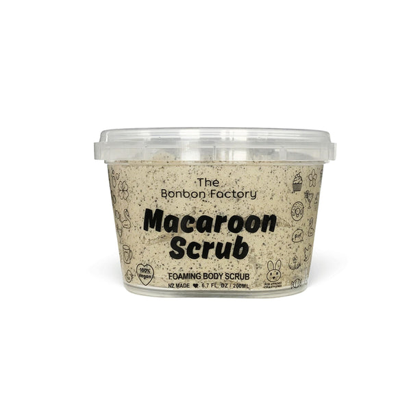 A container of COFFEE | MACAROON SCRUB from The Bonbon Factory on a white background.