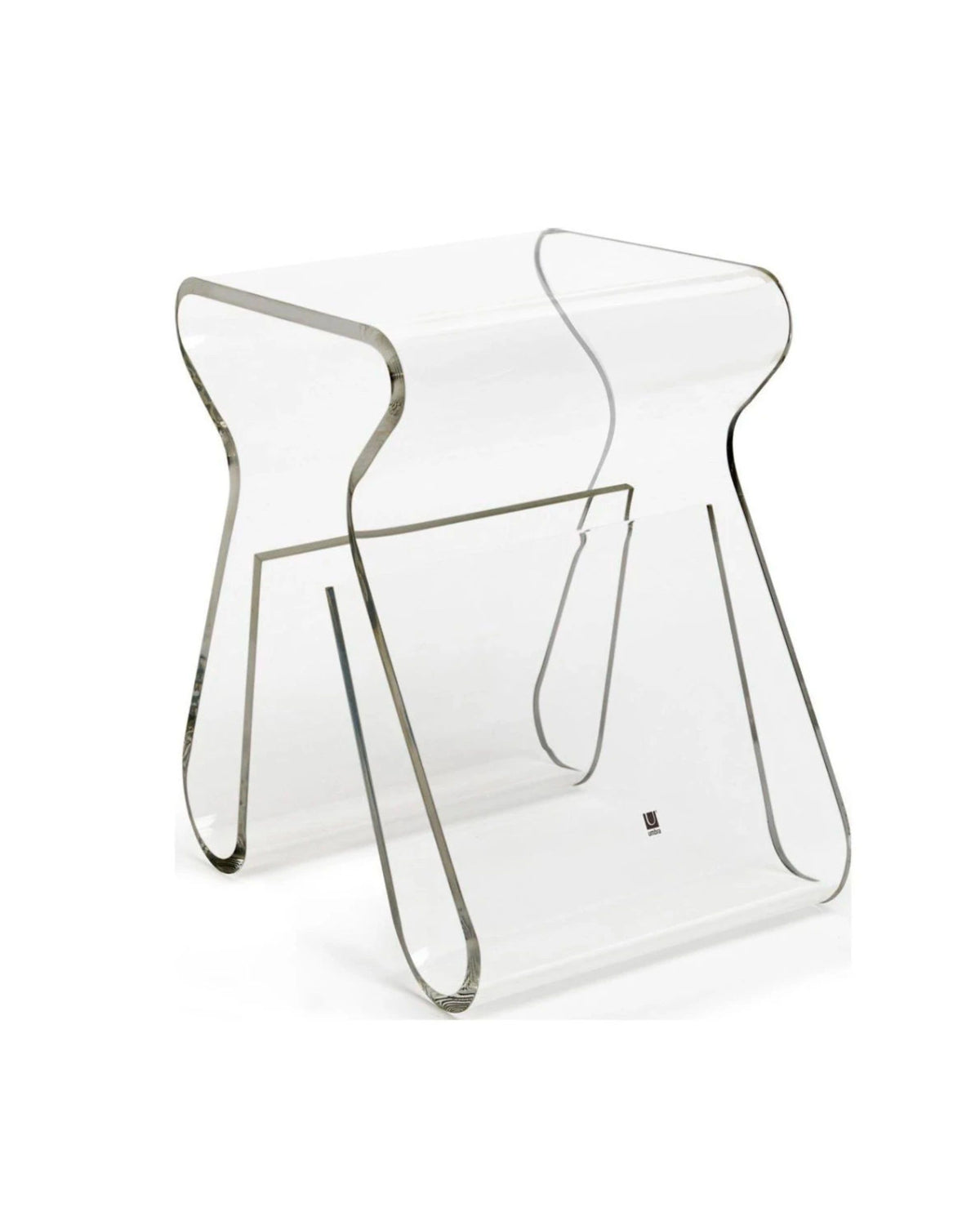 Magino clear acrylic stool shown front on, with the magazine rack slot visible