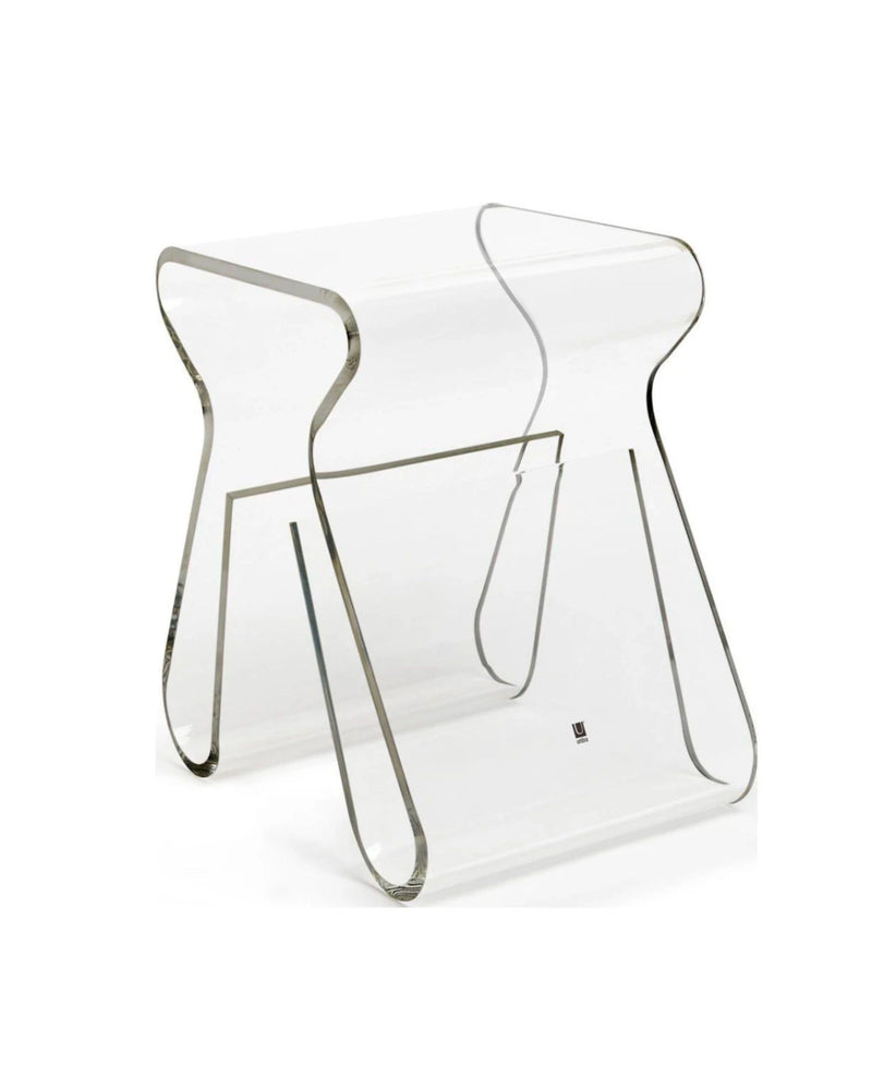 An Umbra Magino Stool With Magazine Rack - Clear Acrylic side table with a metal frame.