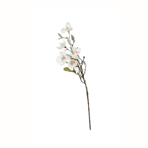 An Artificial Flora Wild Magnolia Spray 66cm White on a stick against a white background.