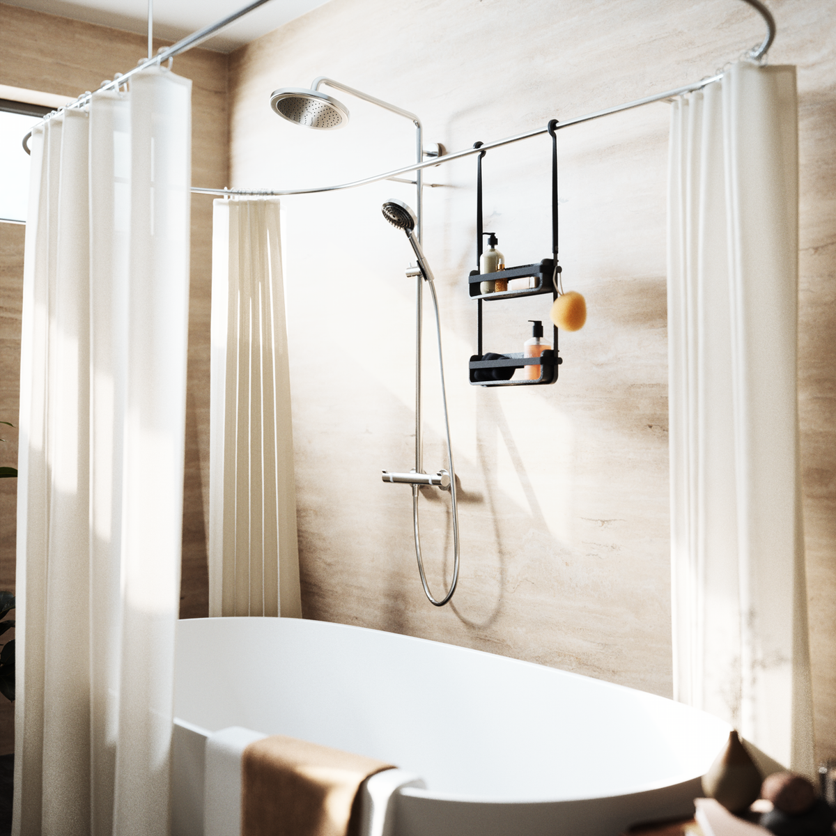 Umbra Flex shower caddy hanging from a shower rail beside a freestanding bath