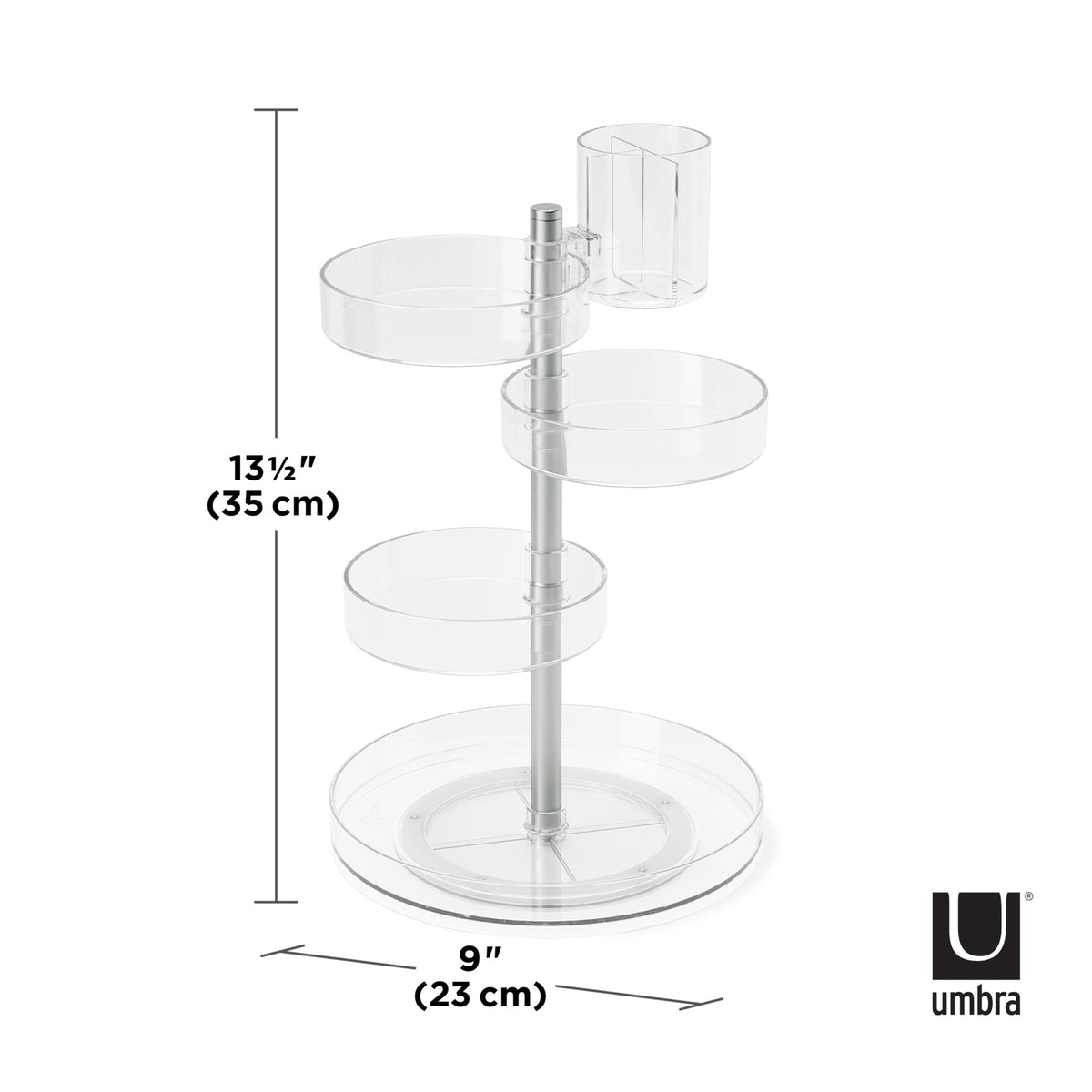 Umbra Pirouette cosmetic organiser dimension diagram, 23cm wide by 35cm high