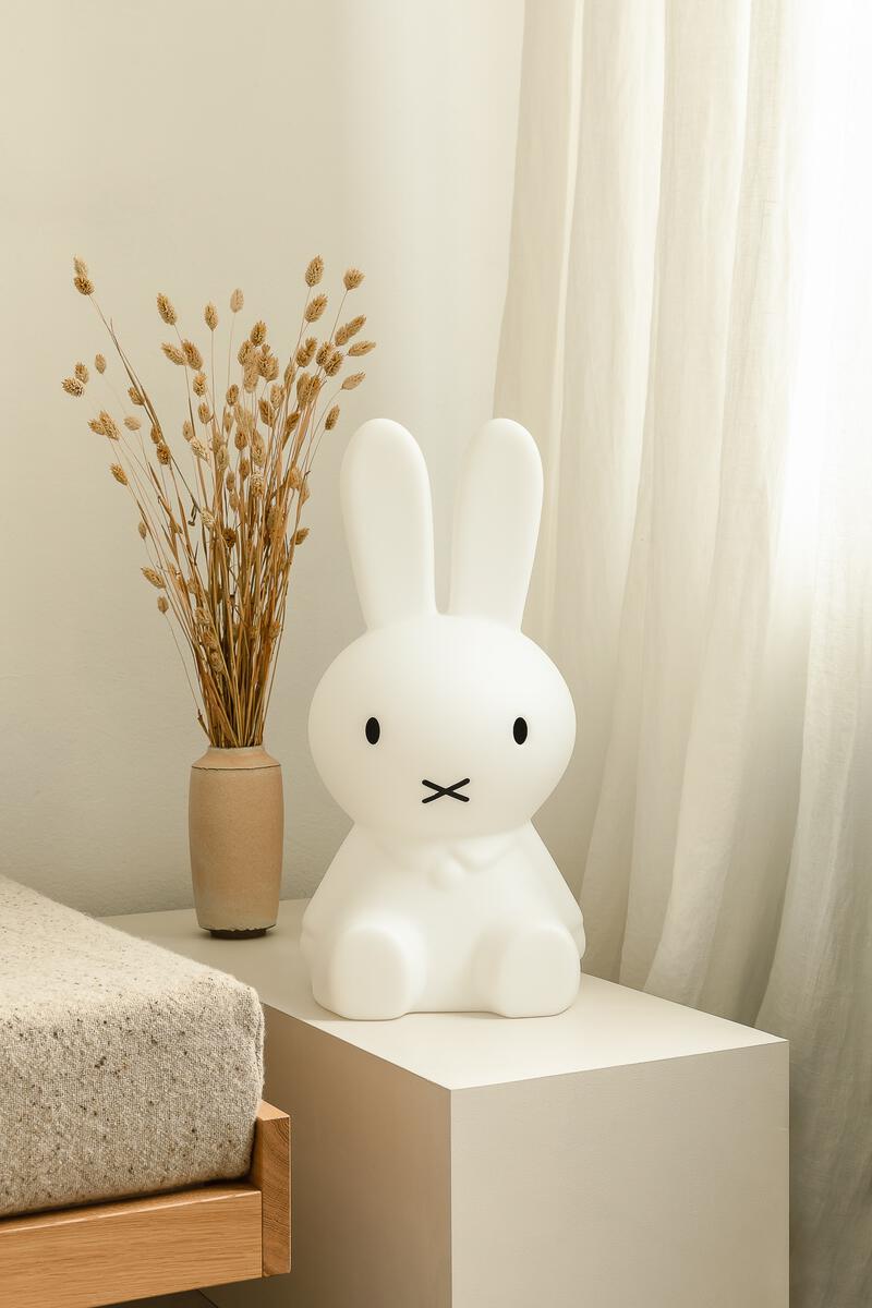Miffy Star Light 50cm by Mr Maria styled on bedside in neutral Scandinavian kids bedroom