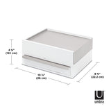 A white and gray Umbra Stowit jewelry box with measurements.