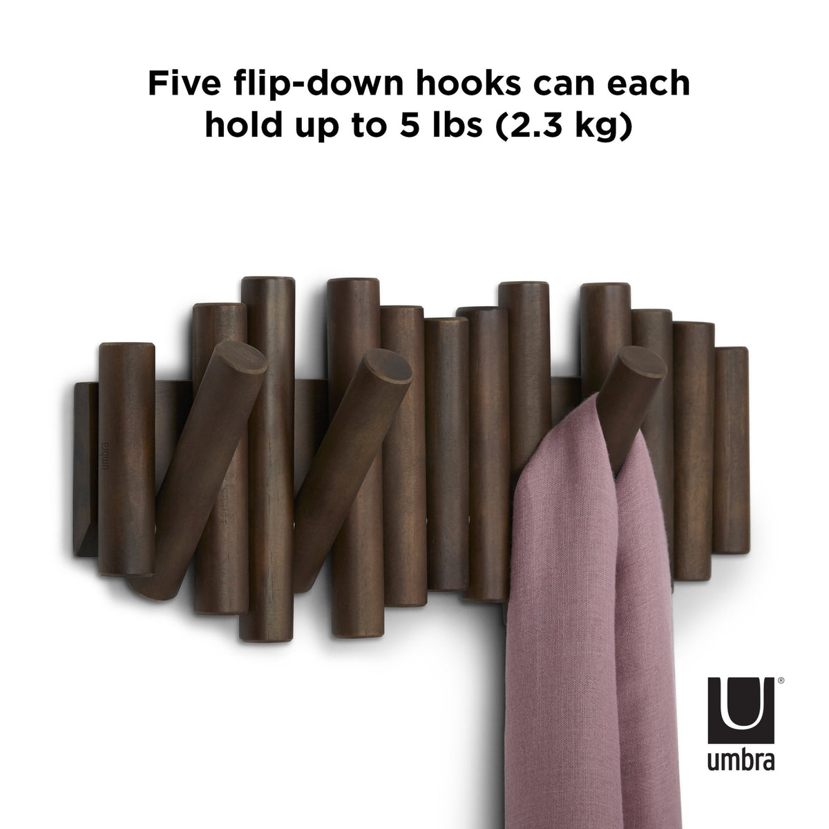 Umbra Picket rail wall hook in walnut, five flip-down hooks holding up to 2.3kg each