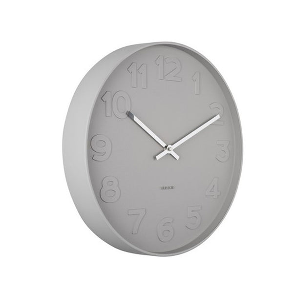 A minimalist Karlsson wall clock featuring the Mr. Grey Numbers design, showcased on a white background.