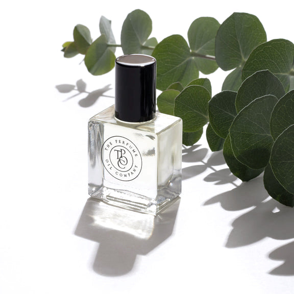 Perfume oil bottle beside eucalyptus leaves casting soft shadows