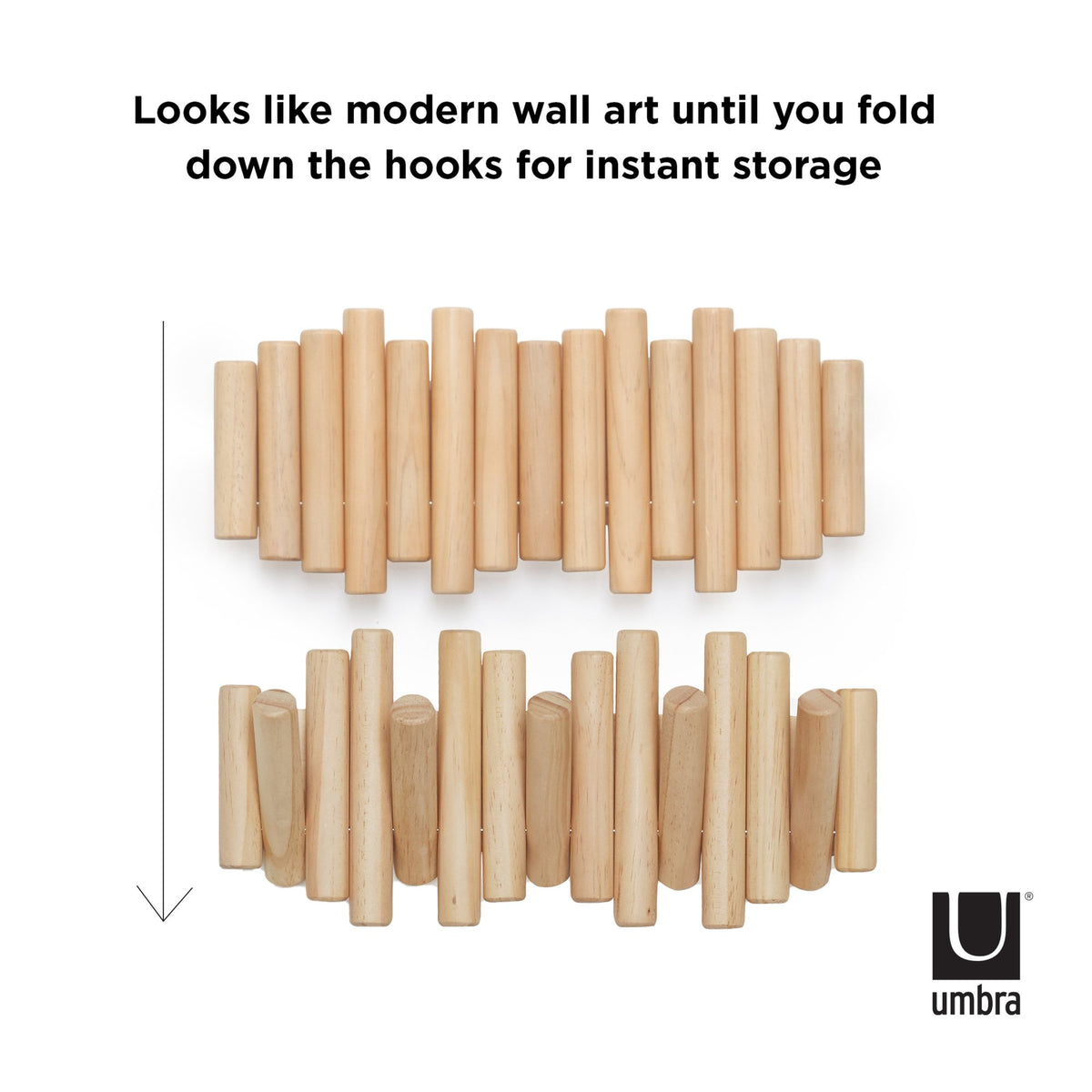 Umbra Picket rail wall hook in pine with hooks folded flat, then folded down