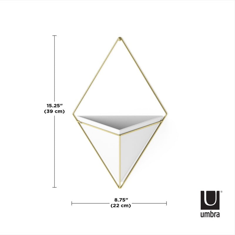 A white and gold Umbra Trigg Wall Vessel | Large - White/Brass designed for indoor plants with measurements.