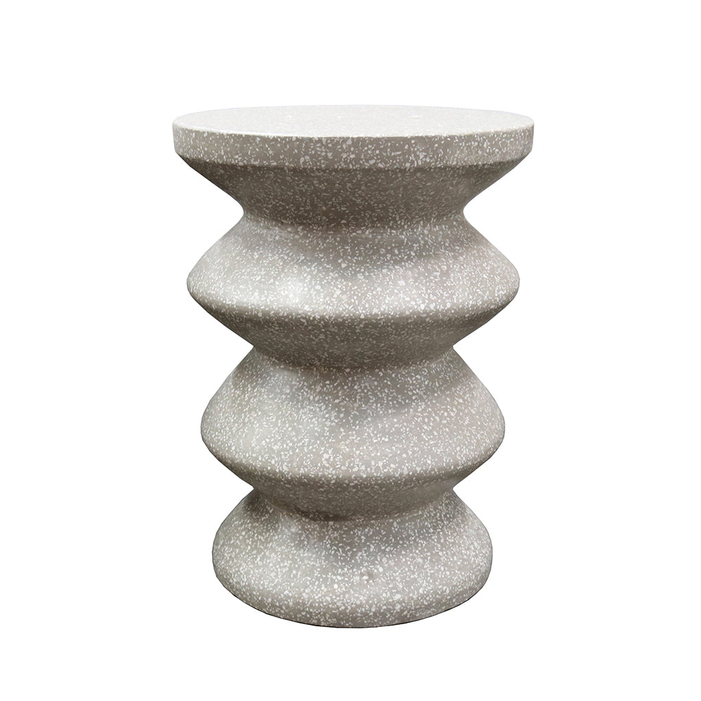 Nara stool in grey speckled stone with a stacked ring form, plain background