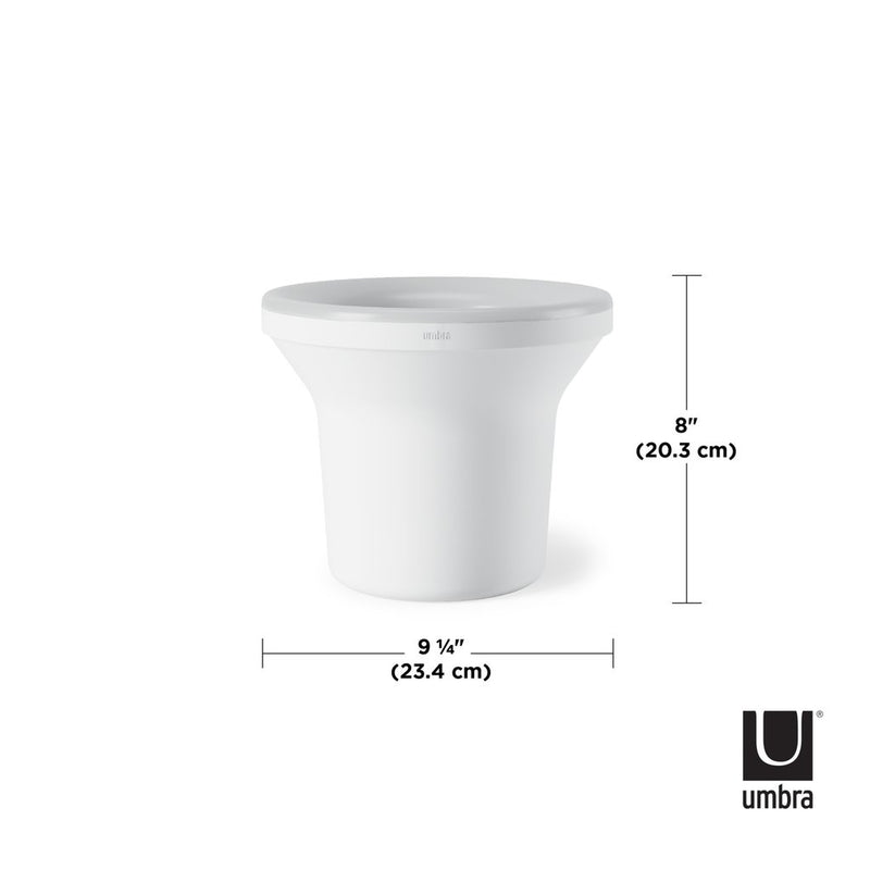 An Umbra ORA ILLUMINATED PLANTER white bowl with measurements on it.