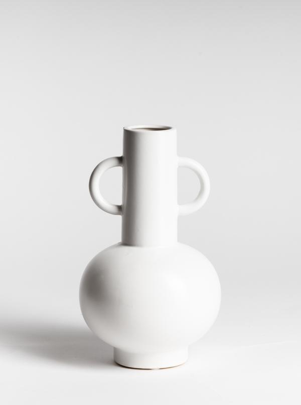 The Ned Collections Louis vase, in a classic white color, features two elegant handles.