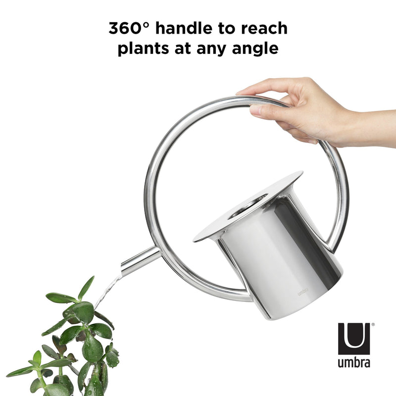 A person is watering a plant with an Umbra Quench Watering Can - Stainless Steel featuring a 360-degree handle.