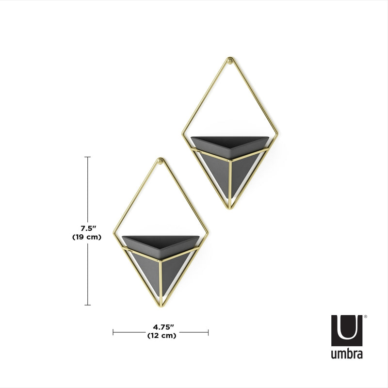 A pair of Umbra Trigg Wall Vessel geometric black and gold triangle earrings.