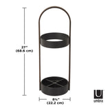 A durable Umbra Hub umbrella stand with two tiers. The stand is water-resistant and made of durable materials to prevent rusting. It is easy to assemble with included hardware and features a compact resin constituent.