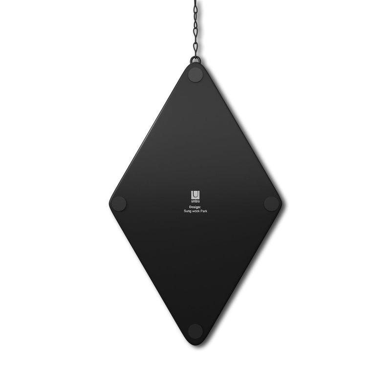 A decorative Umbra Dima Mirror Set of Three - Black hanging from a chain on a white background.