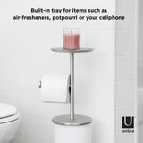 A Portaloo Toilet Paper Stand - White/Nickel, also known as an Umbra bathroom appliance, is a stand specifically designed for holding toilet paper in a bathroom.