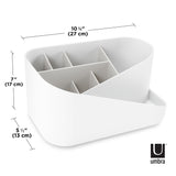 The Umbra Glam Cosmetic Organizer is a white storage box with multiple compartments, perfect for organizing makeup and other items.
