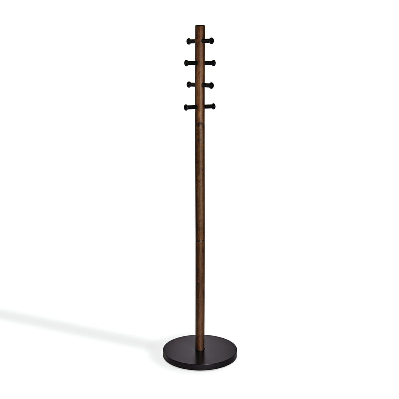 An Umbra Pillar Coat Rack on a white background, providing storage and organization.