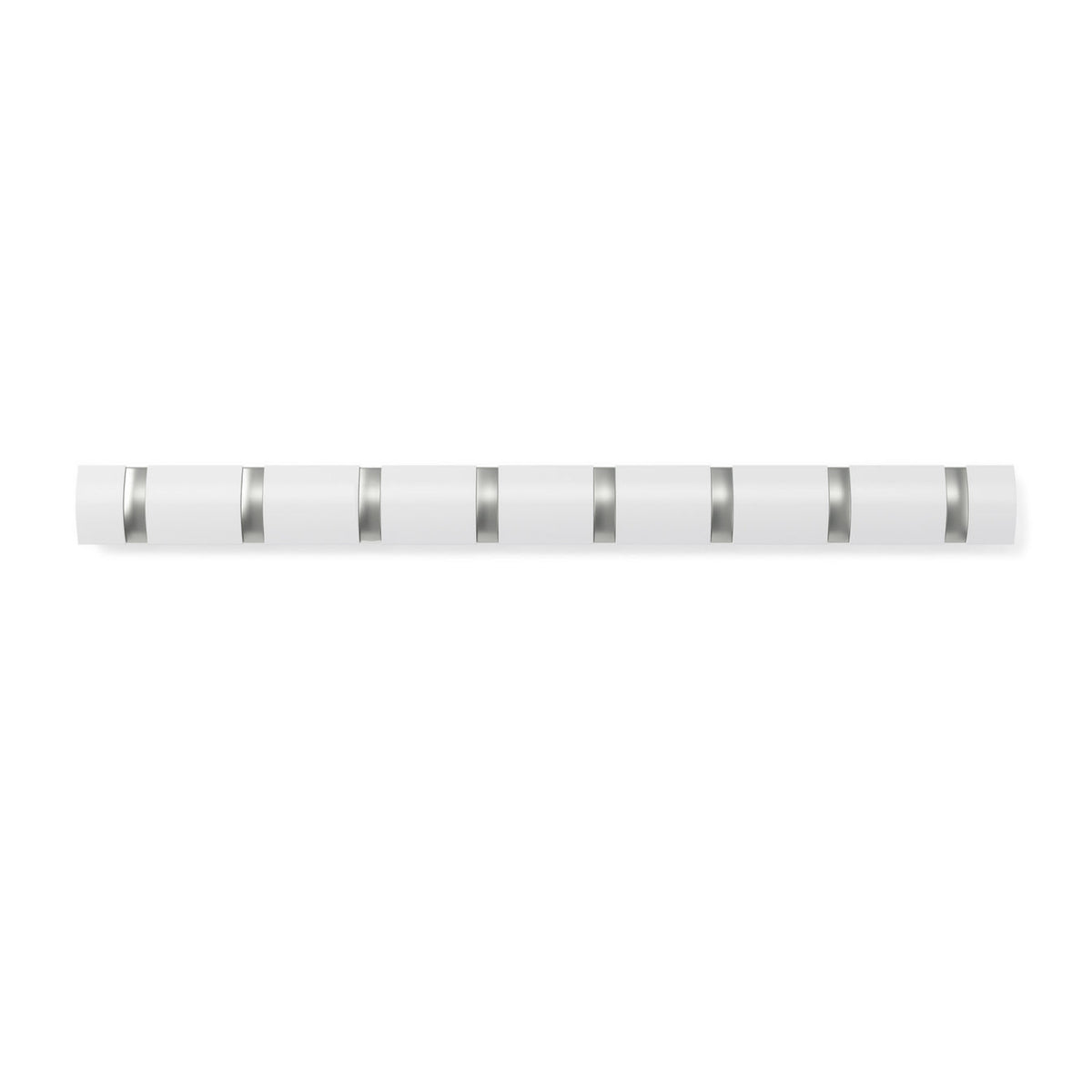 A Flip 8 Hook White wall mounted coat rack with retractable hooks and a silver stripe from the Umbra range.