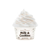 A cup of MILK & COOKIES BODY WASH WHIP by The Bonbon Factory on a white background, featuring vegan ingredients.