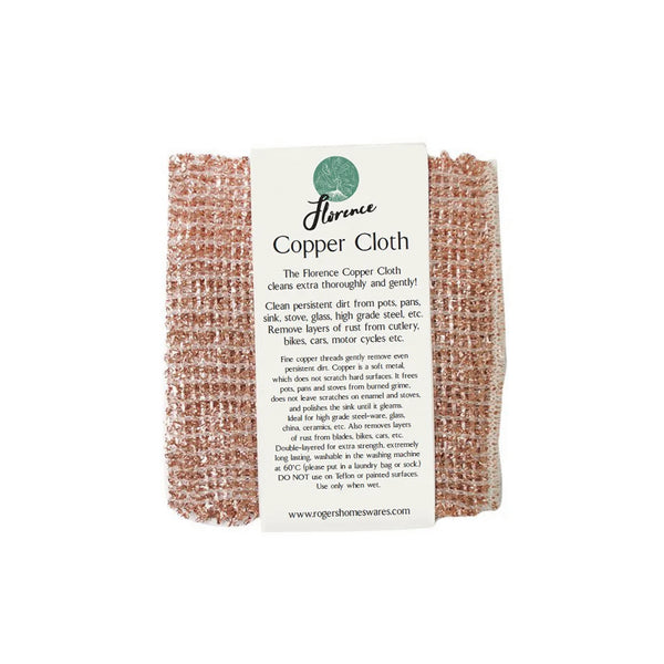 A Dishy copper cleaning cloth, designed specifically for cleaning pots and pans, adorned with a label.