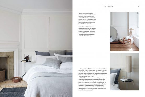 A spread from the book "For The Love Of White: The White & Neutral Home" showing a bedroom with white walls and a fireplace.