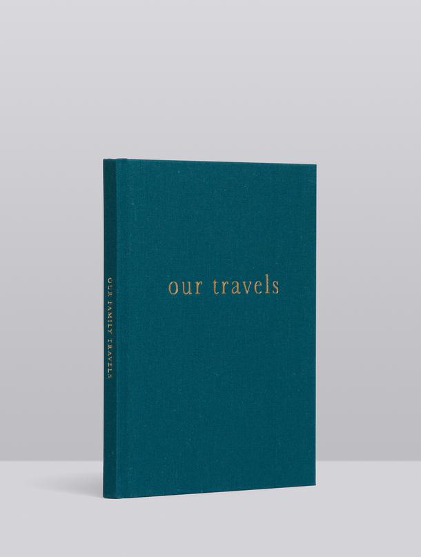 Our Travels journal standing upright, showing the teal linen cover and spine