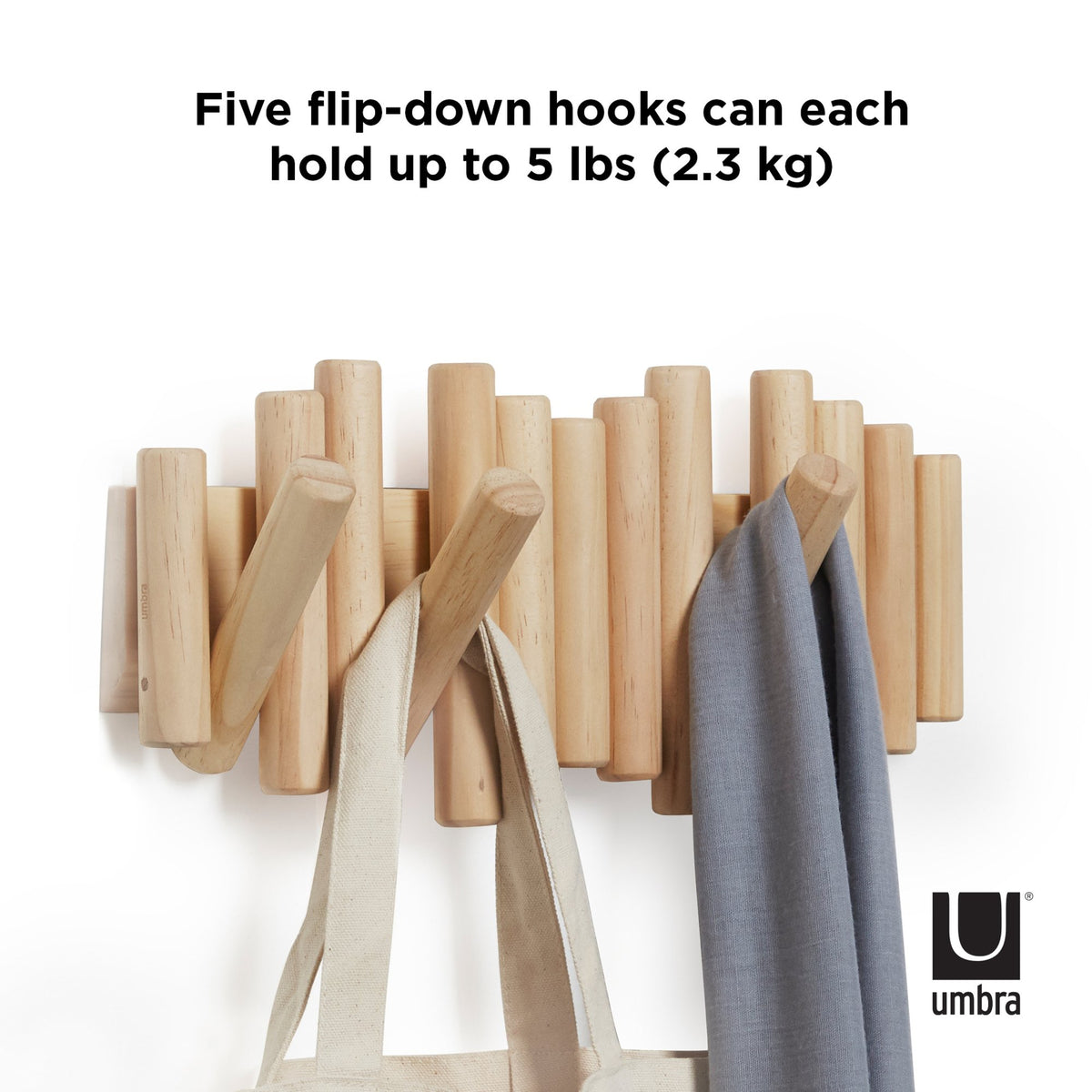 Umbra Picket rail wall hook in pine holding scarves, each hook holds up to 2.3kg