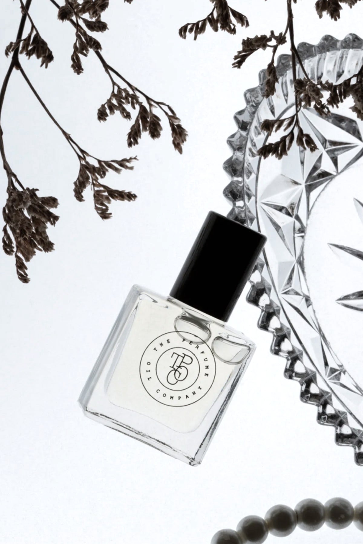 Perfume oil bottle tilted beneath dried sprigs and fine branches