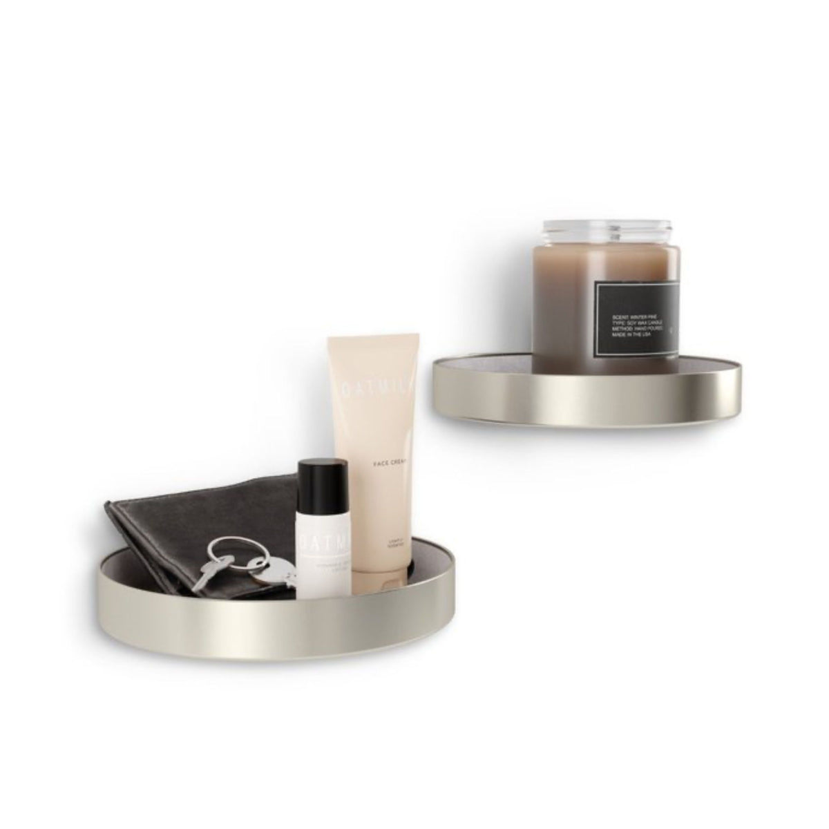 Umbra Perch set of 2 nickel round wall shelves mounted together