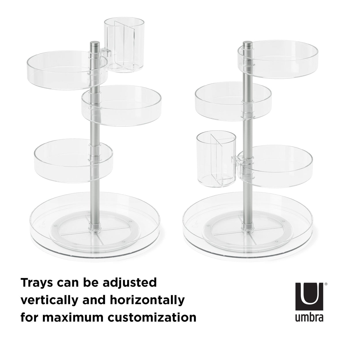 Umbra Pirouette organiser in two layouts, trays adjust vertically and horizontally