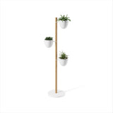 Three Floristand Planters - White/Natural by Umbra on a wooden stand.