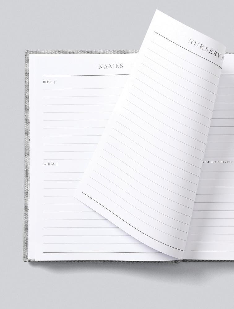 Bump pregnancy journal open to the Names and Nursery planning pages