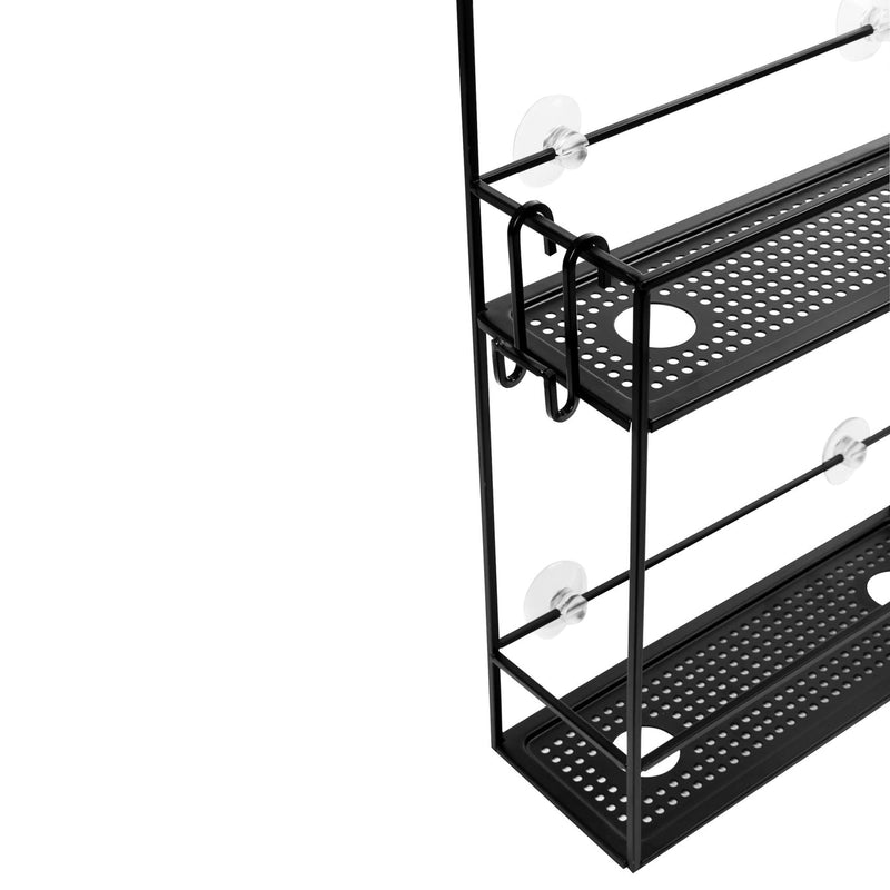 A modern black metal shelf from the Umbra range with holes, perfect for use as a Cubiko Shower Caddy.
