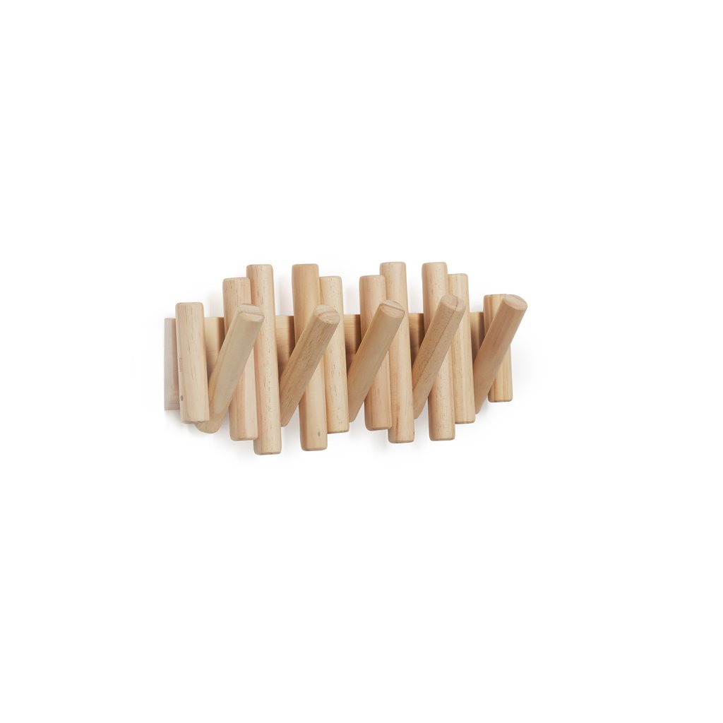 Natural pine Umbra Picket Rail with hooks flipped down, on white