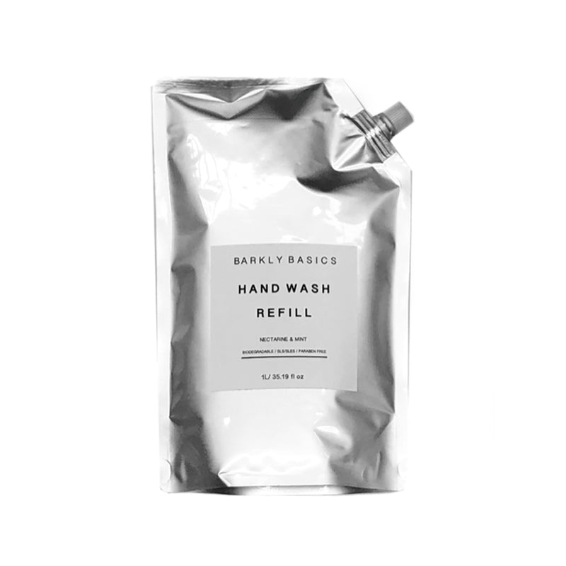 A stylish REFILL bag of Barkly Basics 1 Litre Hand Wash, perfect for the minimalist home.