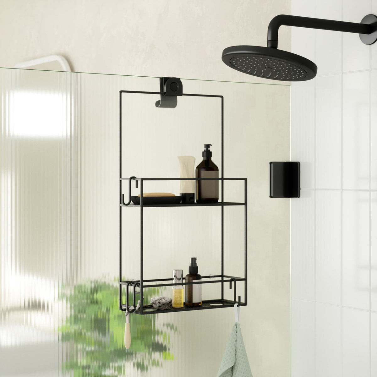 A modern bathroom with a shower shelf and an Umbra Cubiko shower caddy.